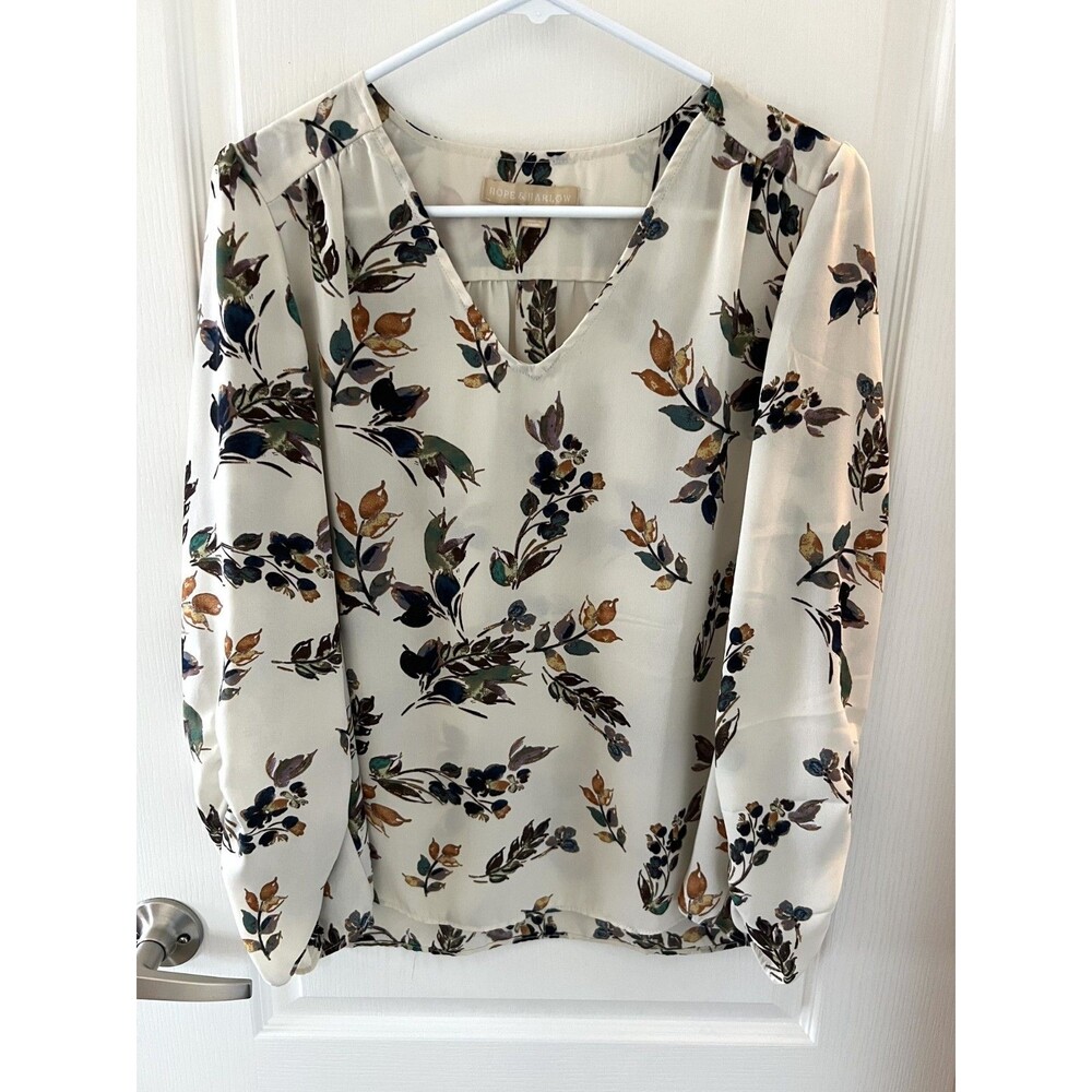 Hope & Harlow Women L Floral Blouse Pull Over Ruched sleeve Modest Minimalist